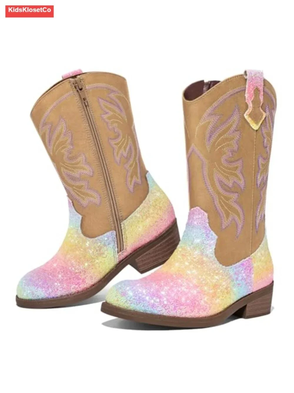 Girls Glitter Cowboy Boots Round Toe Mid Calf Block Heel Zipper